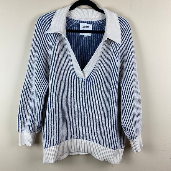 Aerie Sugar Rush Chenille Polo Henley Sweater Striped Oversized Coastal Preppy M - Picture 3 of 15